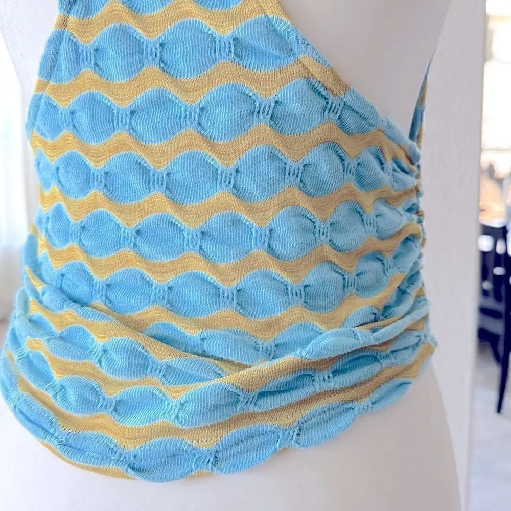 NWOT Free People Mock Neck Sleeveless Wavy Stripes Blue Mustard Tank Racer Back